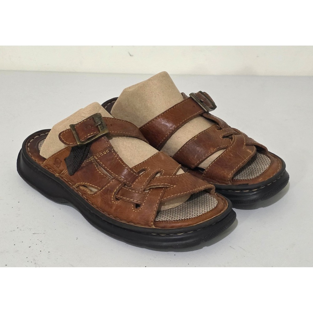 Born Strappy Slide Fisherman Sandals Women 8 Brown Leather Buckle Comfort B3139